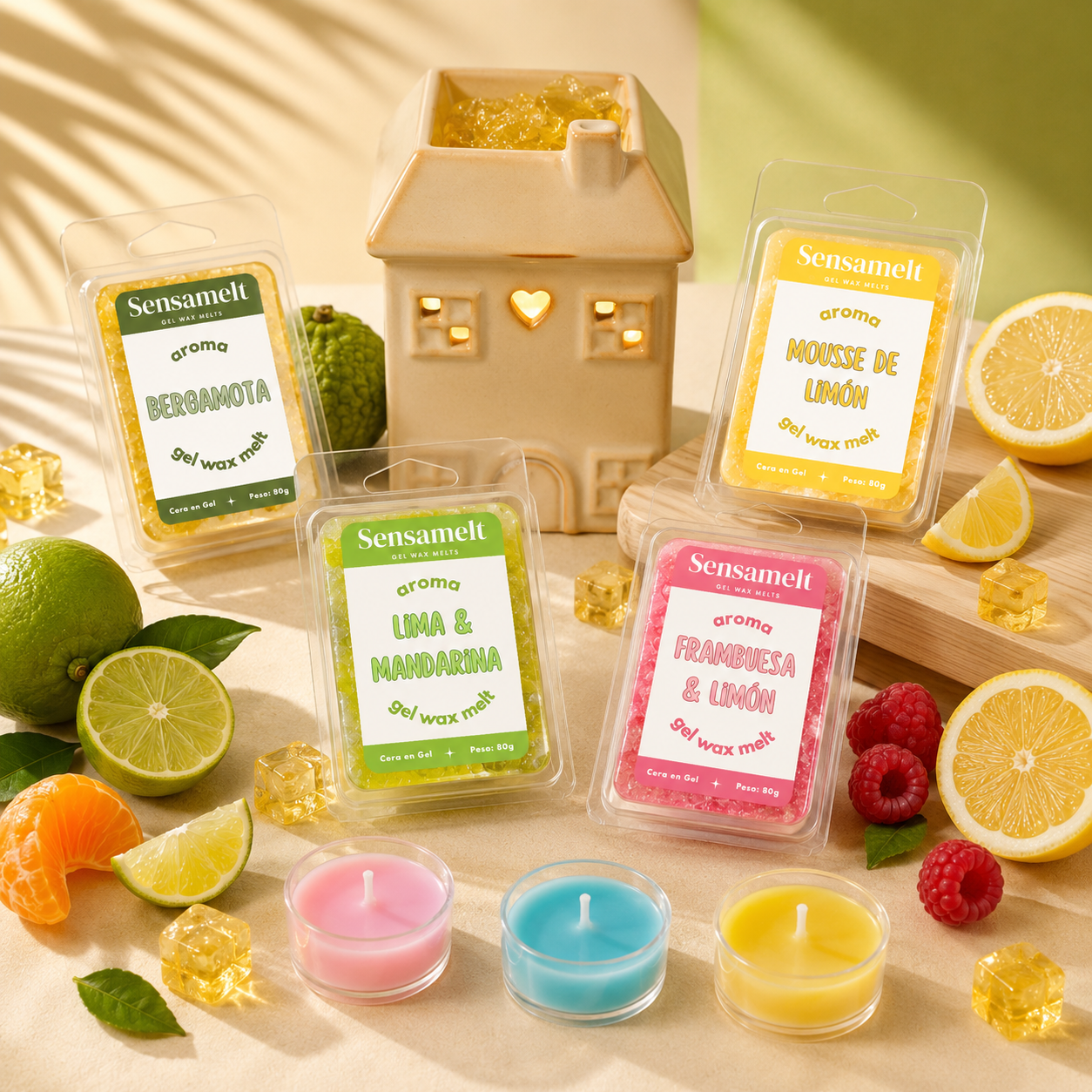 Pack Deseo Cítrico (4 melts + quemador + velas de té)